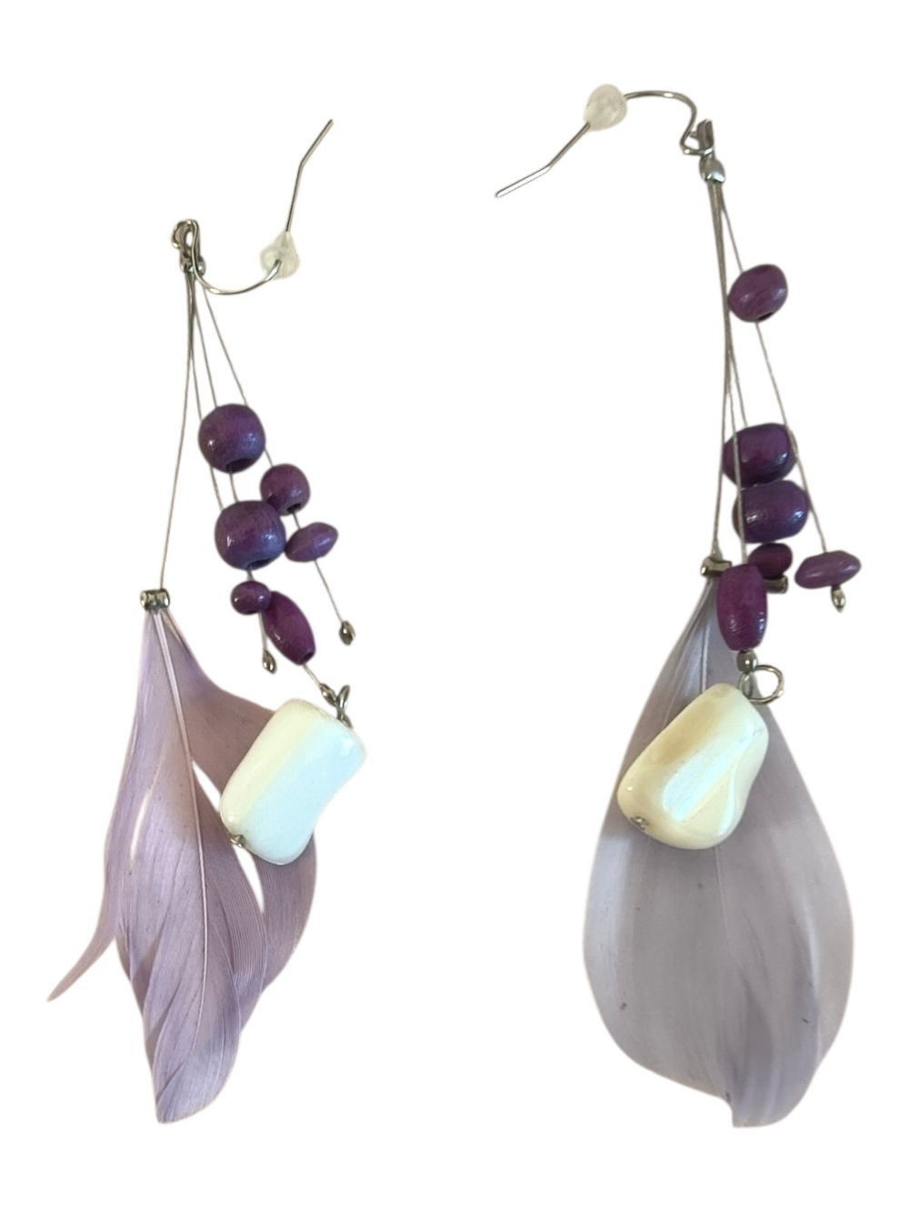 Purple Feather Drop Earrings with Iridescent Beads